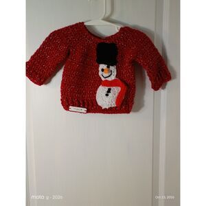 Handmade Baby (Newborn) Snowman Sweater Red with Silver Streamers Holiday Winter